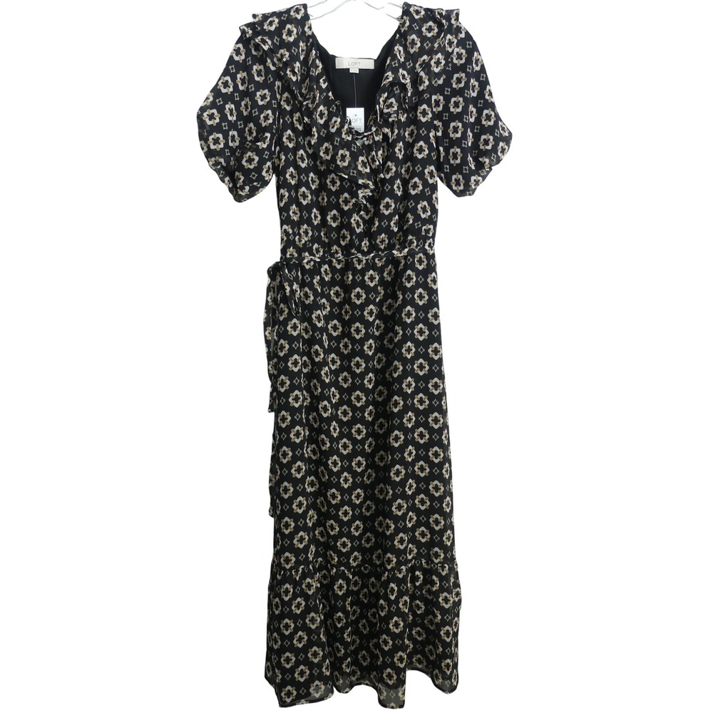 Loft Women Black Tan Geometric Ruffle Midi Dress Size S Lace V-Neck NWT
